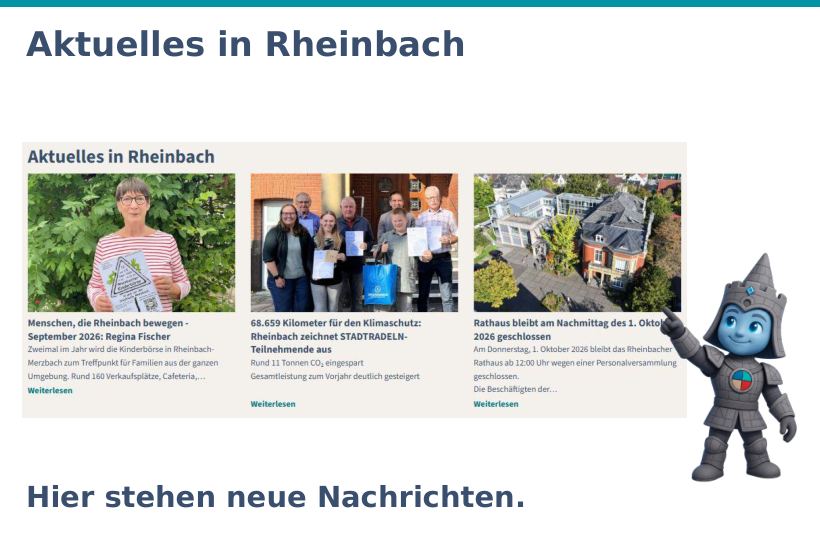Originalansicht von Aktuelles in Rheinbach mit Nachrichten und der Schaltfläche Alle aktuellen Meldungen.
