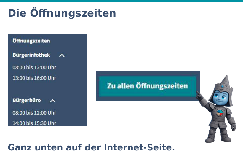 Originalausschnitte des Bereichs Öffnungszeiten am Seitenende und der Schaltfläche Zu allen Öffnungszeiten.