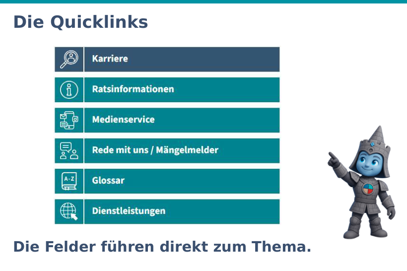 Originalansicht der Quicklinks: Karriere, Ratsinformationen, Medienservice, Rede mit uns / Mängelmelder, Glossar und Dienstleistungen.