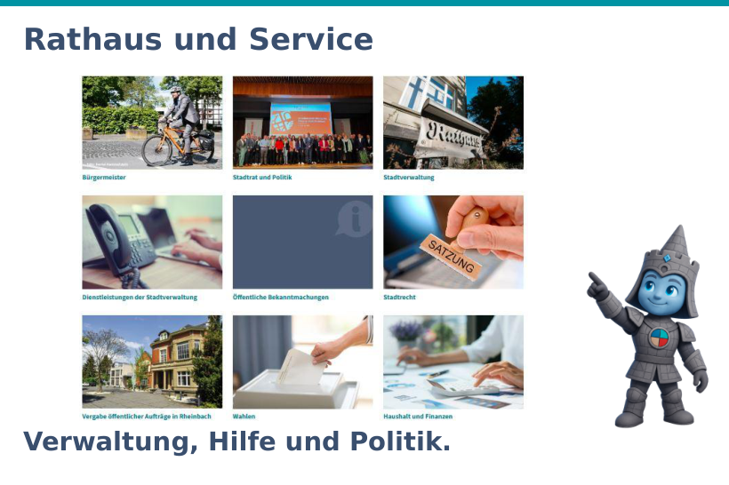 Originalausschnitt der Seite Rathaus und Service mit den tatsächlichen Themenbildern und Beschriftungen.