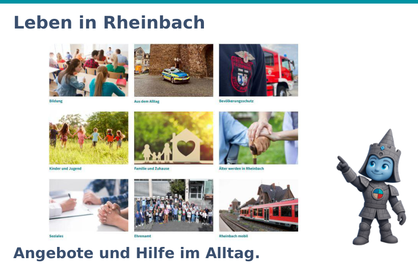 Originalausschnitt der Seite Leben in Rheinbach mit den tatsächlichen Themenbildern und Beschriftungen.